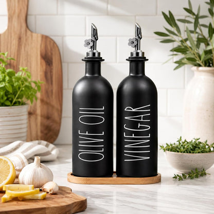 HOMCDALY Premium Olive Oil Dispenser for Kitchen, 11.8oz Glass Oil Bottles with Bamboo Tray, White and Gold Oil&Vinegar Cruet Set, Kitchen Dispenser Bottles with Pourer| Set of 2 (11.8oz –P–Gold)