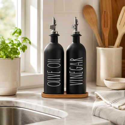 HOMCDALY Premium Olive Oil Dispenser for Kitchen, 11.8oz Glass Oil Bottles with Bamboo Tray, White and Gold Oil&Vinegar Cruet Set, Kitchen Dispenser Bottles with Pourer| Set of 2 (11.8oz –P–Gold)