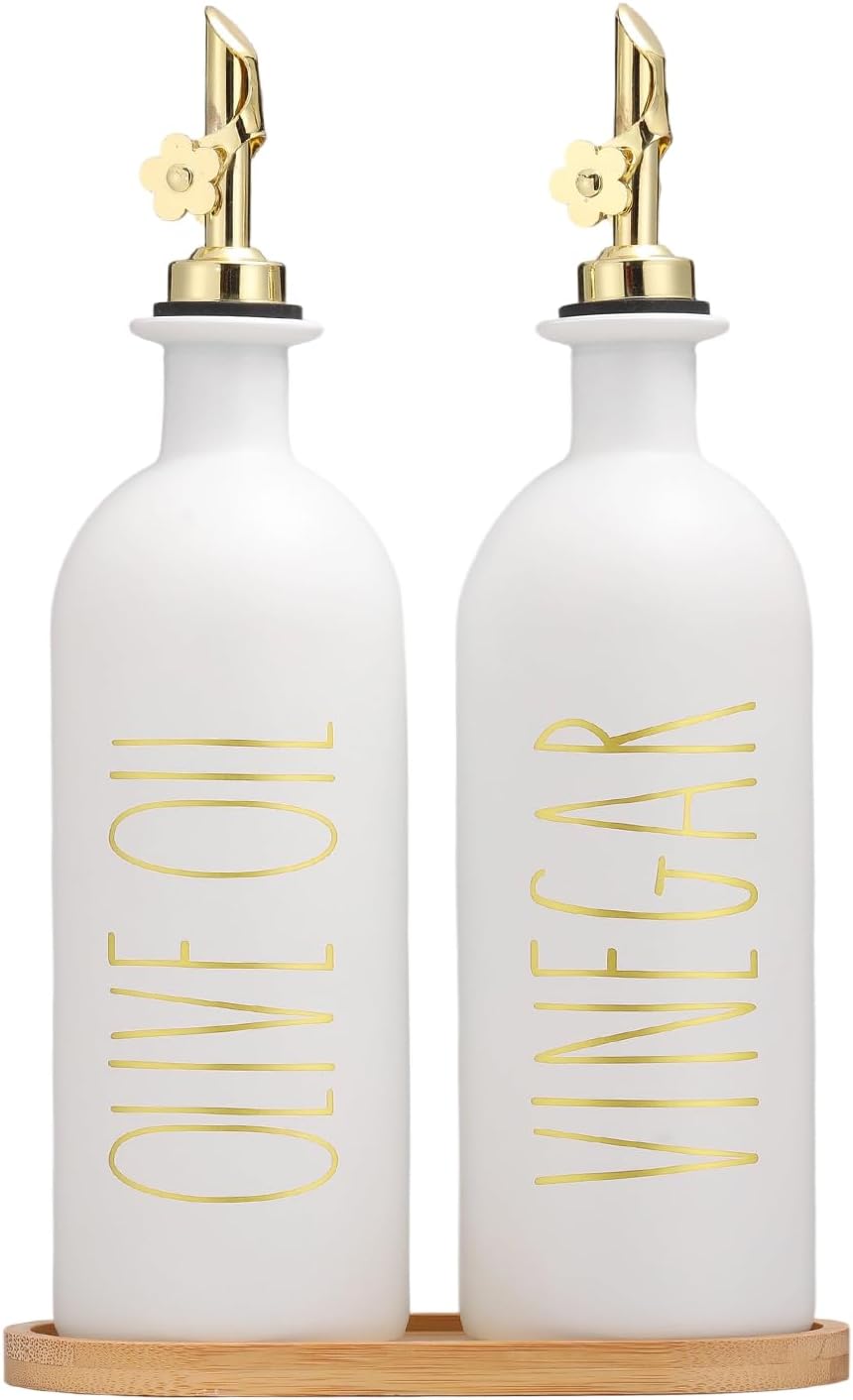 HOMCDALY Premium Olive Oil Dispenser for Kitchen, 11.8oz Glass Oil Bottles with Bamboo Tray, White and Gold Oil&Vinegar Cruet Set, Kitchen Dispenser Bottles with Pourer| Set of 2 (11.8oz –P–Gold)