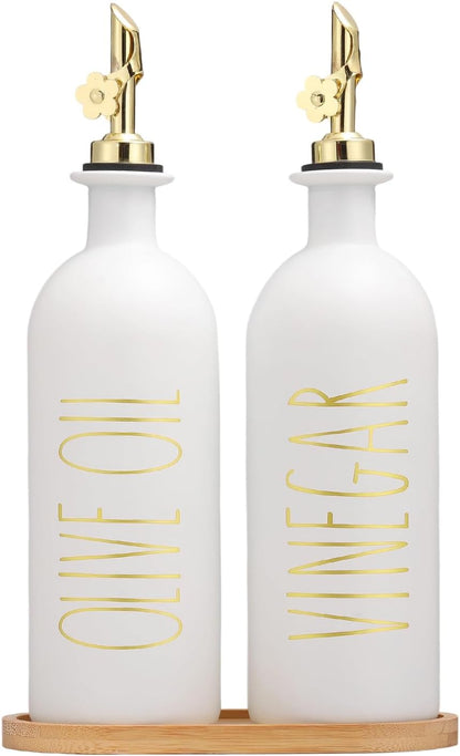 HOMCDALY Premium Olive Oil Dispenser for Kitchen, 11.8oz Glass Oil Bottles with Bamboo Tray, White and Gold Oil&Vinegar Cruet Set, Kitchen Dispenser Bottles with Pourer| Set of 2 (11.8oz –P–Gold)