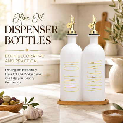 HOMCDALY Premium Olive Oil Dispenser for Kitchen, 11.8oz Glass Oil Bottles with Bamboo Tray, White and Gold Oil&Vinegar Cruet Set, Kitchen Dispenser Bottles with Pourer| Set of 2 (11.8oz –P–Gold)