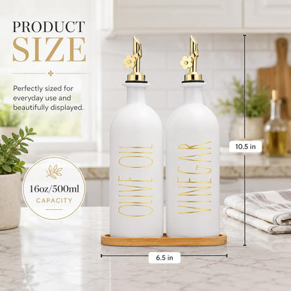HOMCDALY Premium Olive Oil Dispenser for Kitchen, 11.8oz Glass Oil Bottles with Bamboo Tray, White and Gold Oil&Vinegar Cruet Set, Kitchen Dispenser Bottles with Pourer| Set of 2 (11.8oz –P–Gold)