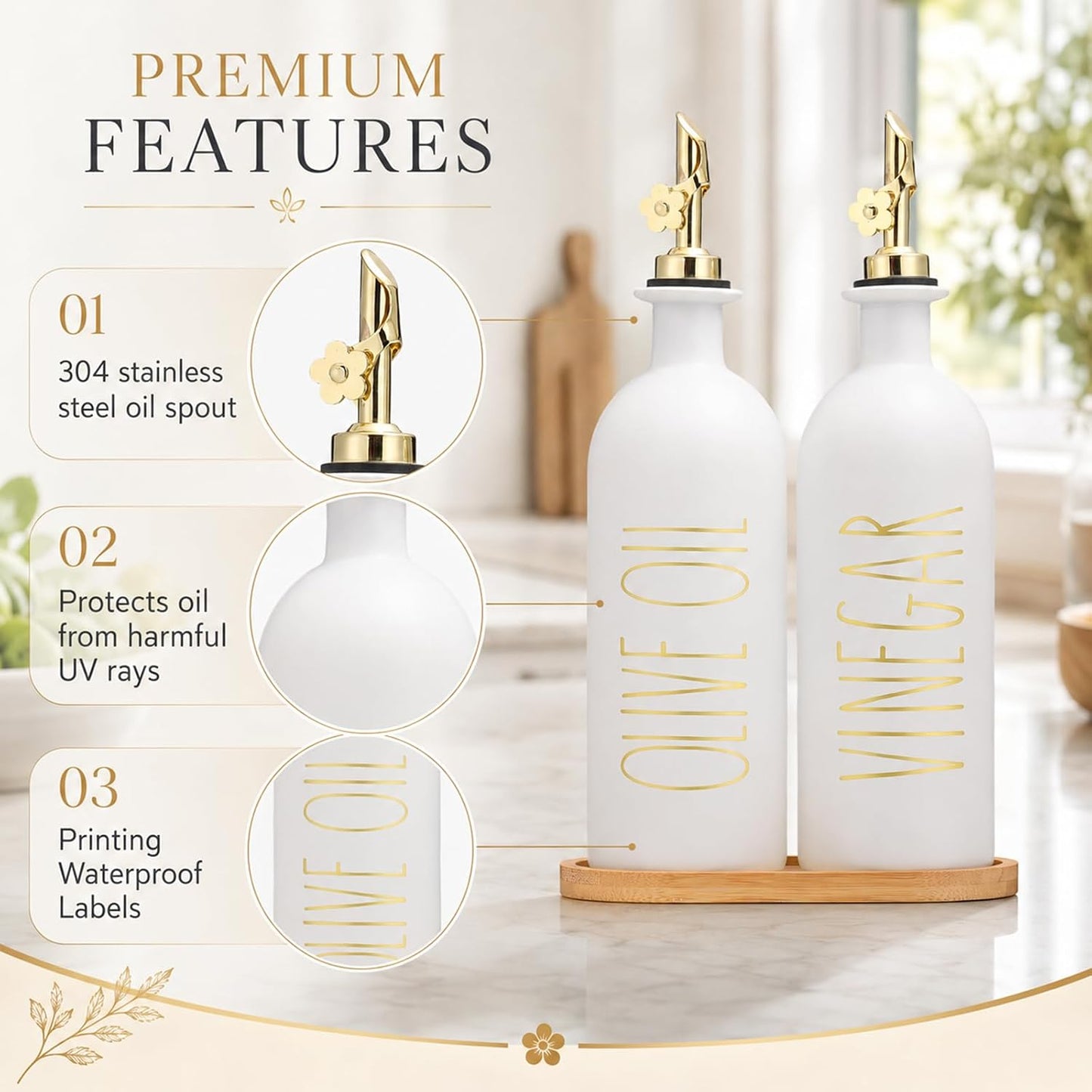HOMCDALY Premium Olive Oil Dispenser for Kitchen, 11.8oz Glass Oil Bottles with Bamboo Tray, White and Gold Oil&Vinegar Cruet Set, Kitchen Dispenser Bottles with Pourer| Set of 2 (11.8oz –P–Gold)