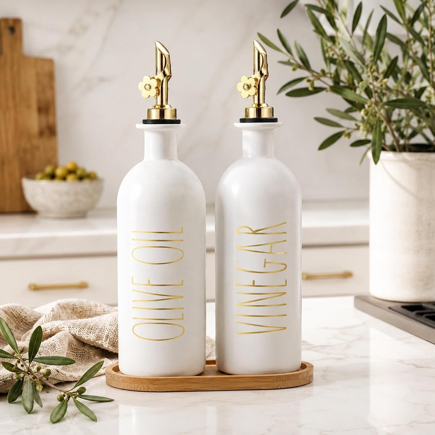 HOMCDALY Premium Olive Oil Dispenser for Kitchen, 11.8oz Glass Oil Bottles with Bamboo Tray, White and Gold Oil&Vinegar Cruet Set, Kitchen Dispenser Bottles with Pourer| Set of 2 (11.8oz –P–Gold)