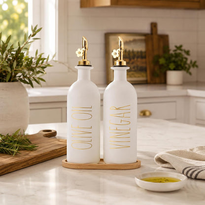 HOMCDALY Premium Olive Oil Dispenser for Kitchen, 11.8oz Glass Oil Bottles with Bamboo Tray, White and Gold Oil&Vinegar Cruet Set, Kitchen Dispenser Bottles with Pourer| Set of 2 (11.8oz –P–Gold)
