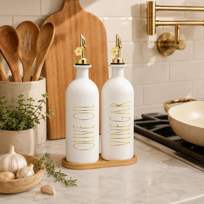 HOMCDALY Premium Olive Oil Dispenser for Kitchen, 11.8oz Glass Oil Bottles with Bamboo Tray, White and Gold Oil&Vinegar Cruet Set, Kitchen Dispenser Bottles with Pourer| Set of 2 (11.8oz –P–Gold)