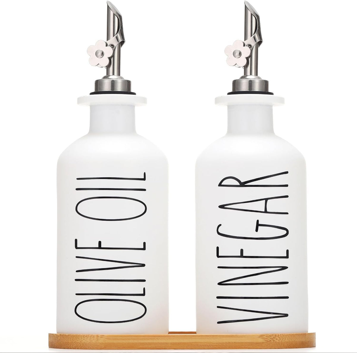 HOMCDALY Premium Olive Oil Dispenser for Kitchen, 11.8oz Glass Oil Bottles with Bamboo Tray, White and Gold Oil&Vinegar Cruet Set, Kitchen Dispenser Bottles with Pourer| Set of 2 (11.8oz –P–Gold)