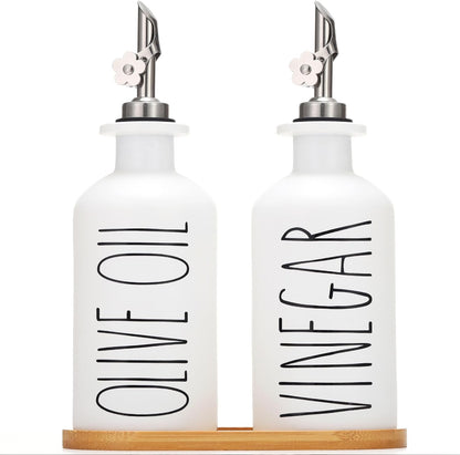 HOMCDALY Premium Olive Oil Dispenser for Kitchen, 11.8oz Glass Oil Bottles with Bamboo Tray, White and Gold Oil&Vinegar Cruet Set, Kitchen Dispenser Bottles with Pourer| Set of 2 (11.8oz –P–Gold)