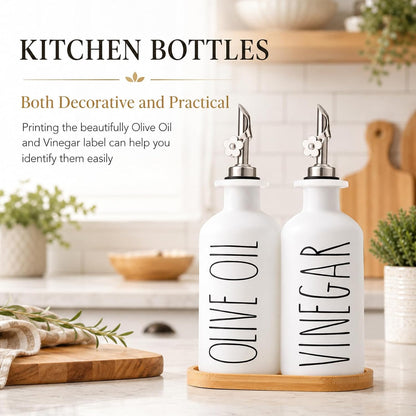 HOMCDALY Premium Olive Oil Dispenser for Kitchen, 11.8oz Glass Oil Bottles with Bamboo Tray, White and Gold Oil&Vinegar Cruet Set, Kitchen Dispenser Bottles with Pourer| Set of 2 (11.8oz –P–Gold)