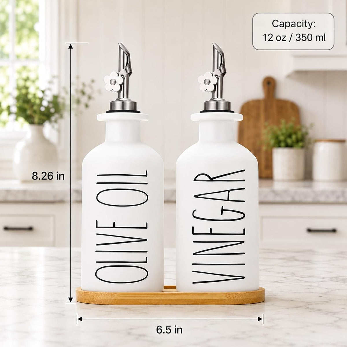 HOMCDALY Premium Olive Oil Dispenser for Kitchen, 11.8oz Glass Oil Bottles with Bamboo Tray, White and Gold Oil&Vinegar Cruet Set, Kitchen Dispenser Bottles with Pourer| Set of 2 (11.8oz –P–Gold)