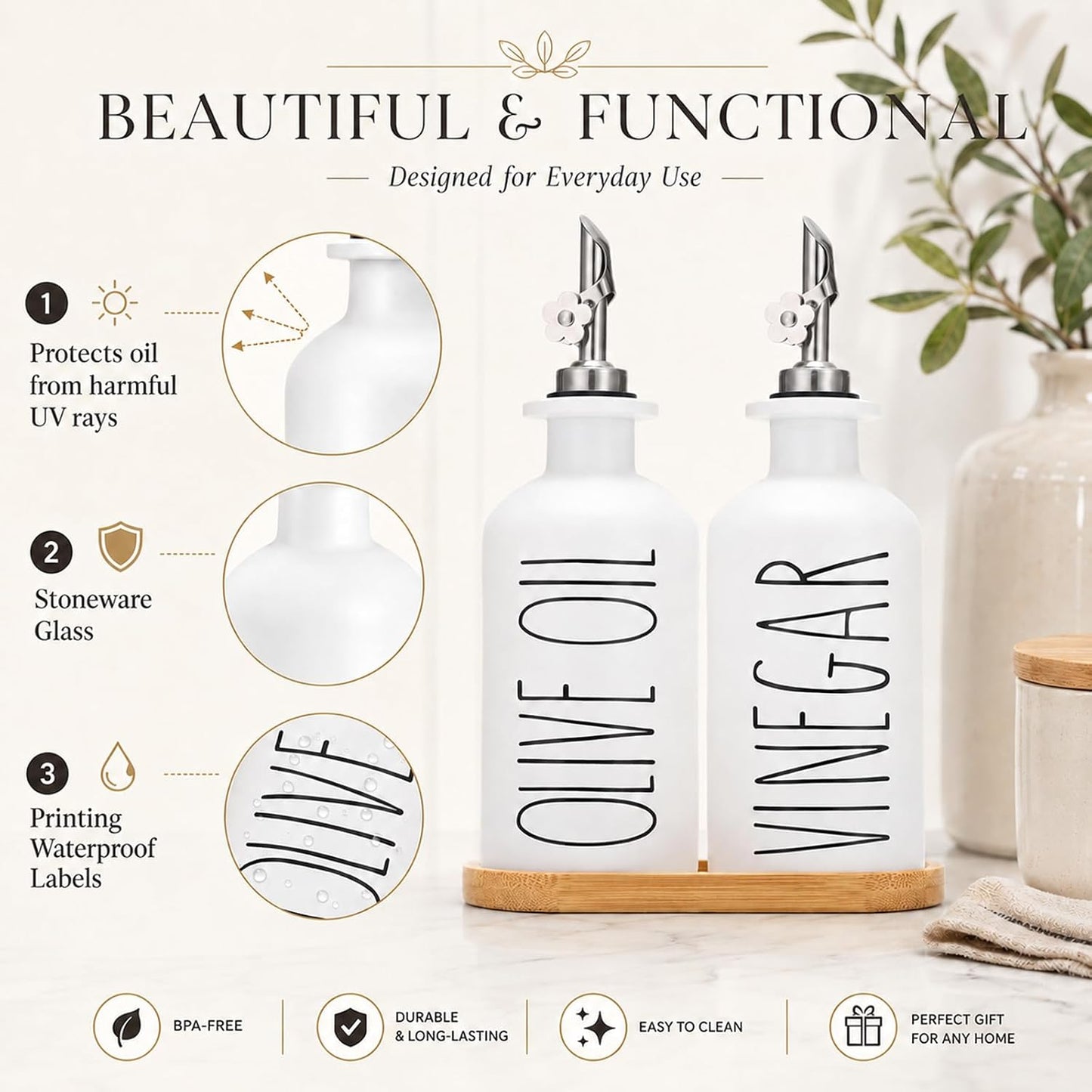 HOMCDALY Premium Olive Oil Dispenser for Kitchen, 11.8oz Glass Oil Bottles with Bamboo Tray, White and Gold Oil&Vinegar Cruet Set, Kitchen Dispenser Bottles with Pourer| Set of 2 (11.8oz –P–Gold)