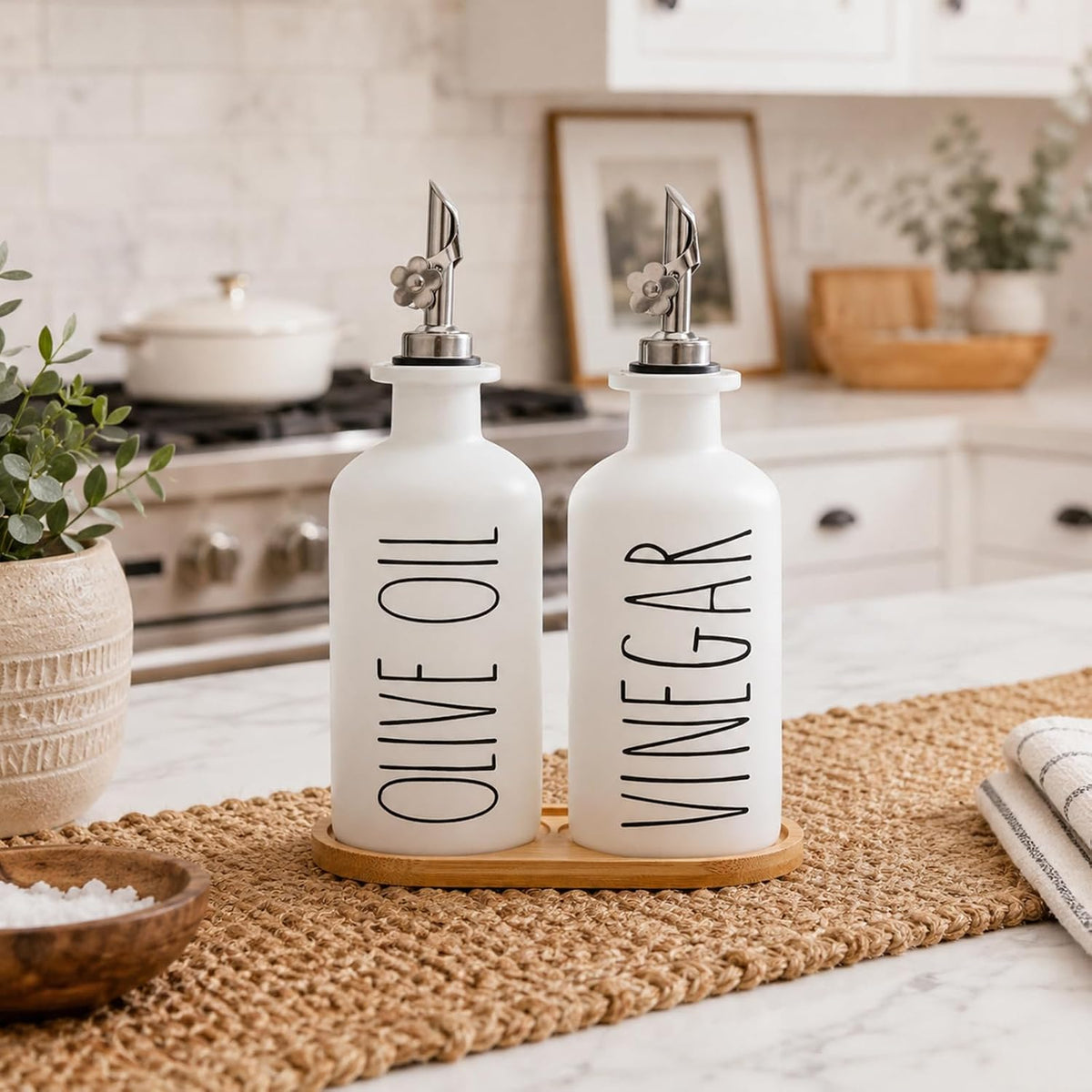 HOMCDALY Premium Olive Oil Dispenser for Kitchen, 11.8oz Glass Oil Bottles with Bamboo Tray, White and Gold Oil&Vinegar Cruet Set, Kitchen Dispenser Bottles with Pourer| Set of 2 (11.8oz –P–Gold)