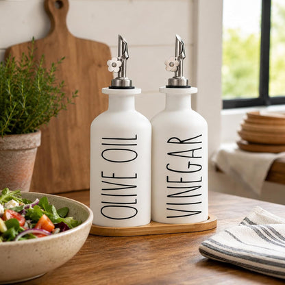 HOMCDALY Premium Olive Oil Dispenser for Kitchen, 11.8oz Glass Oil Bottles with Bamboo Tray, White and Gold Oil&Vinegar Cruet Set, Kitchen Dispenser Bottles with Pourer| Set of 2 (11.8oz –P–Gold)