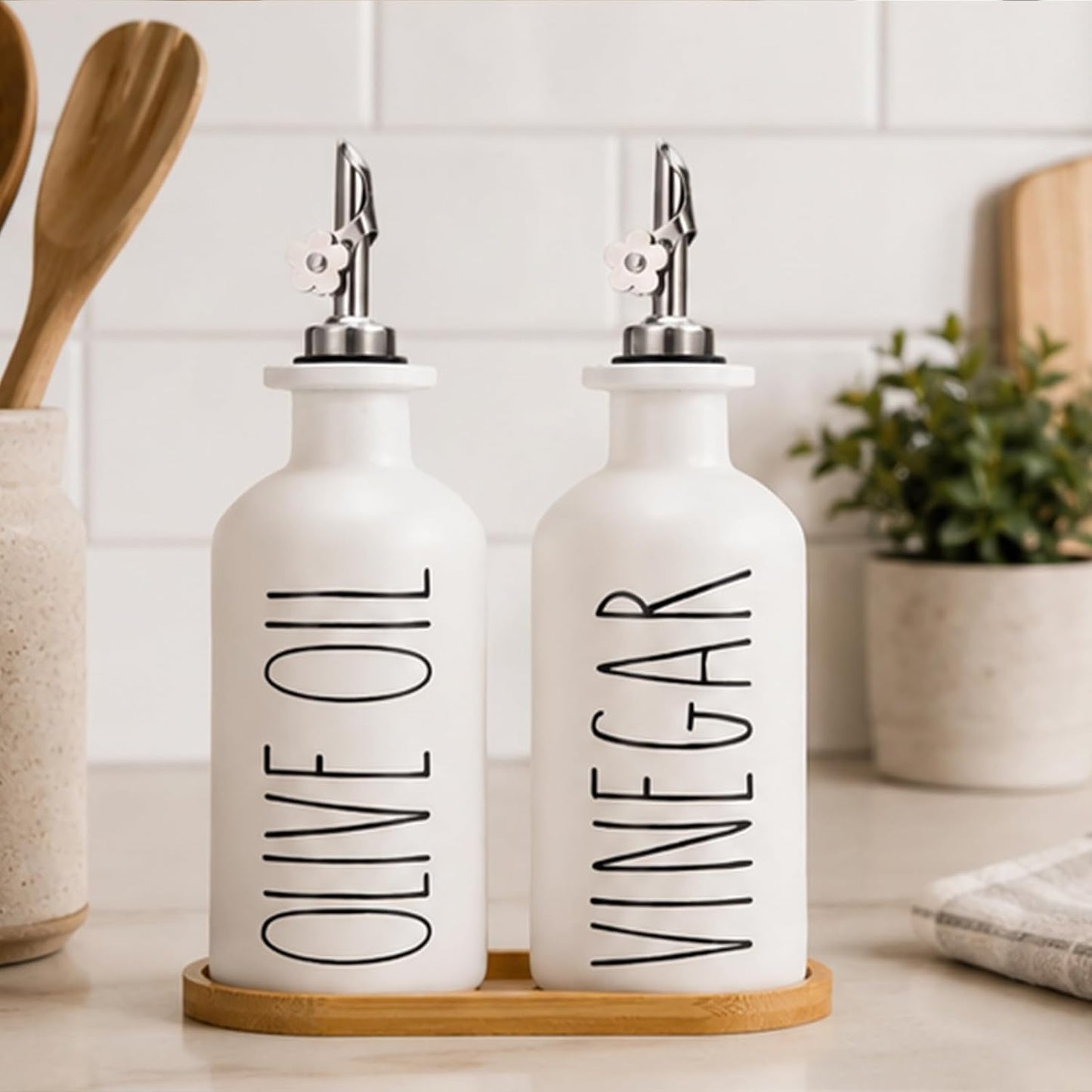 HOMCDALY Premium Olive Oil Dispenser for Kitchen, 11.8oz Glass Oil Bottles with Bamboo Tray, White and Gold Oil&Vinegar Cruet Set, Kitchen Dispenser Bottles with Pourer| Set of 2 (11.8oz –P–Gold)