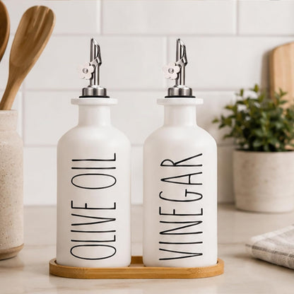 HOMCDALY Premium Olive Oil Dispenser for Kitchen, 11.8oz Glass Oil Bottles with Bamboo Tray, White and Gold Oil&Vinegar Cruet Set, Kitchen Dispenser Bottles with Pourer| Set of 2 (11.8oz –P–Gold)