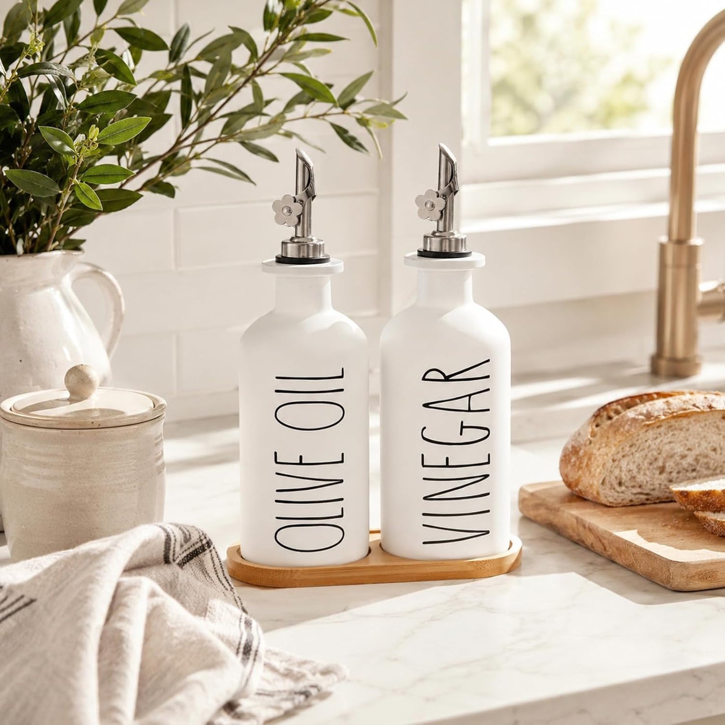 HOMCDALY Premium Olive Oil Dispenser for Kitchen, 11.8oz Glass Oil Bottles with Bamboo Tray, White and Gold Oil&Vinegar Cruet Set, Kitchen Dispenser Bottles with Pourer| Set of 2 (11.8oz –P–Gold)