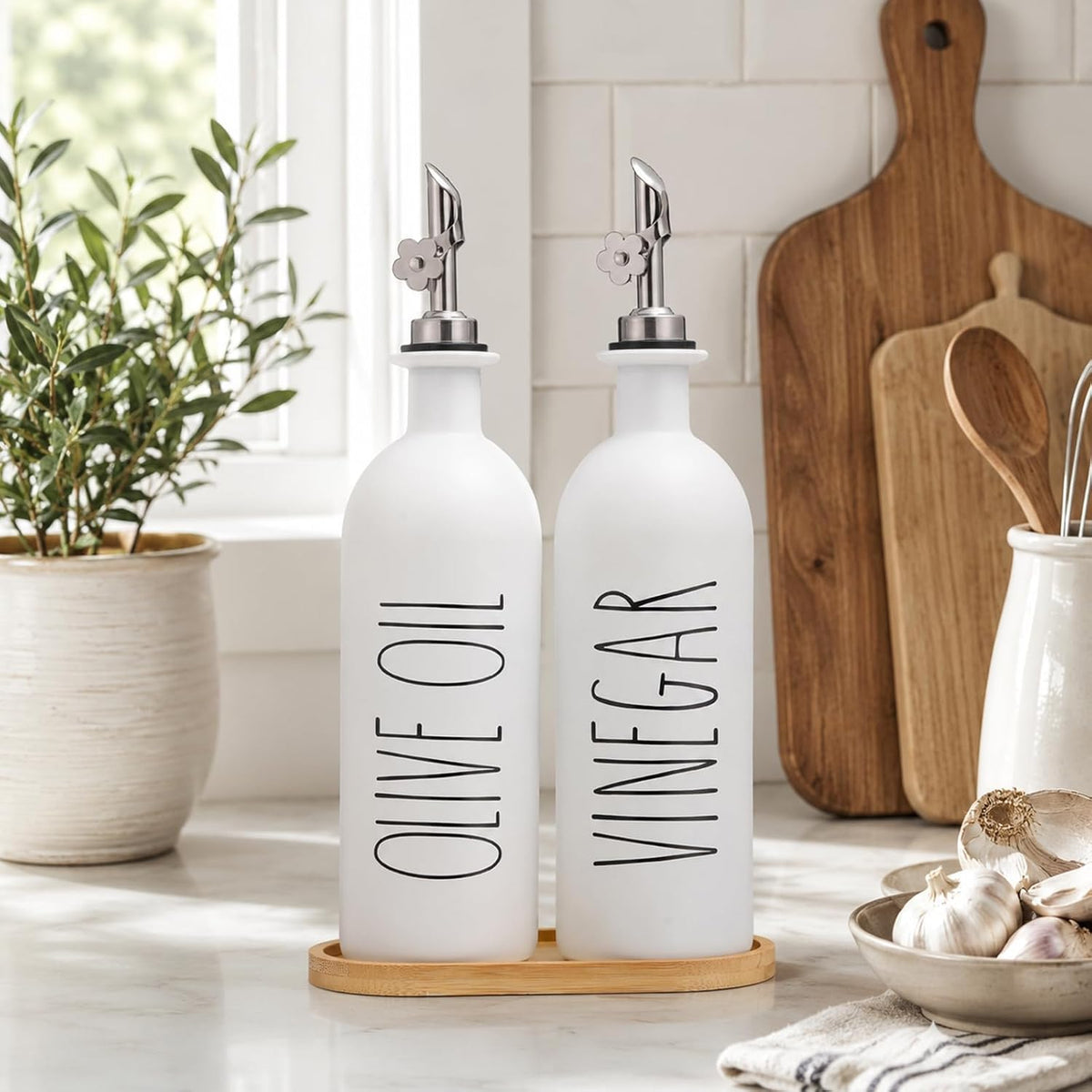 HOMCDALY Premium Olive Oil Dispenser for Kitchen, 11.8oz Glass Oil Bottles with Bamboo Tray, White and Gold Oil&Vinegar Cruet Set, Kitchen Dispenser Bottles with Pourer| Set of 2 (11.8oz –P–Gold)