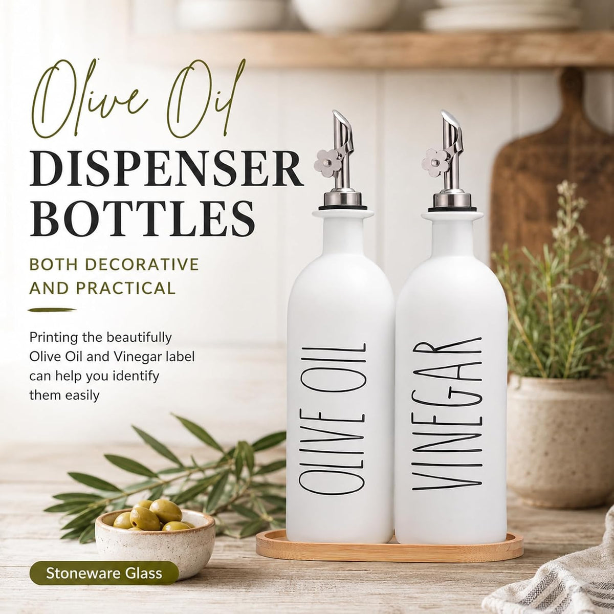 HOMCDALY Premium Olive Oil Dispenser for Kitchen, 11.8oz Glass Oil Bottles with Bamboo Tray, White and Gold Oil&Vinegar Cruet Set, Kitchen Dispenser Bottles with Pourer| Set of 2 (11.8oz –P–Gold)