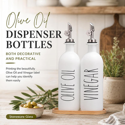 HOMCDALY Premium Olive Oil Dispenser for Kitchen, 11.8oz Glass Oil Bottles with Bamboo Tray, White and Gold Oil&Vinegar Cruet Set, Kitchen Dispenser Bottles with Pourer| Set of 2 (11.8oz –P–Gold)