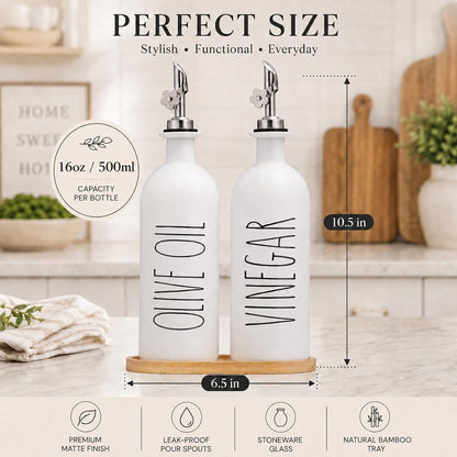 HOMCDALY Premium Olive Oil Dispenser for Kitchen, 11.8oz Glass Oil Bottles with Bamboo Tray, White and Gold Oil&Vinegar Cruet Set, Kitchen Dispenser Bottles with Pourer| Set of 2 (11.8oz –P–Gold)