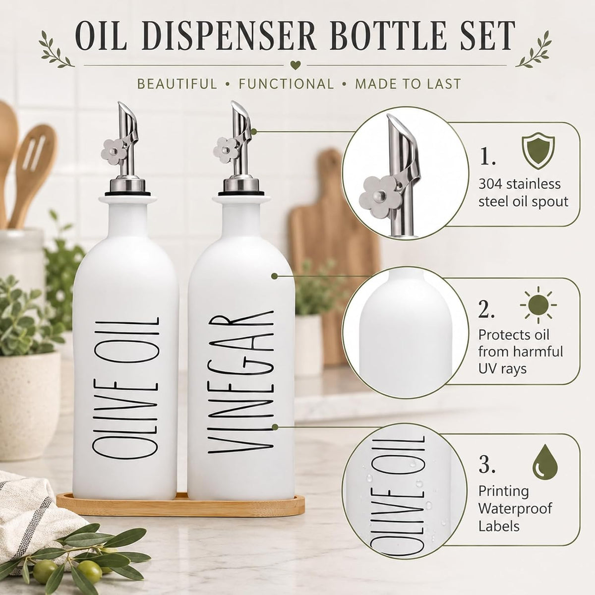 HOMCDALY Premium Olive Oil Dispenser for Kitchen, 11.8oz Glass Oil Bottles with Bamboo Tray, White and Gold Oil&Vinegar Cruet Set, Kitchen Dispenser Bottles with Pourer| Set of 2 (11.8oz –P–Gold)