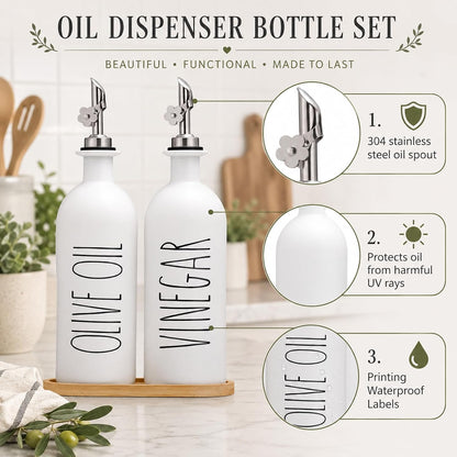 HOMCDALY Premium Olive Oil Dispenser for Kitchen, 11.8oz Glass Oil Bottles with Bamboo Tray, White and Gold Oil&Vinegar Cruet Set, Kitchen Dispenser Bottles with Pourer| Set of 2 (11.8oz –P–Gold)