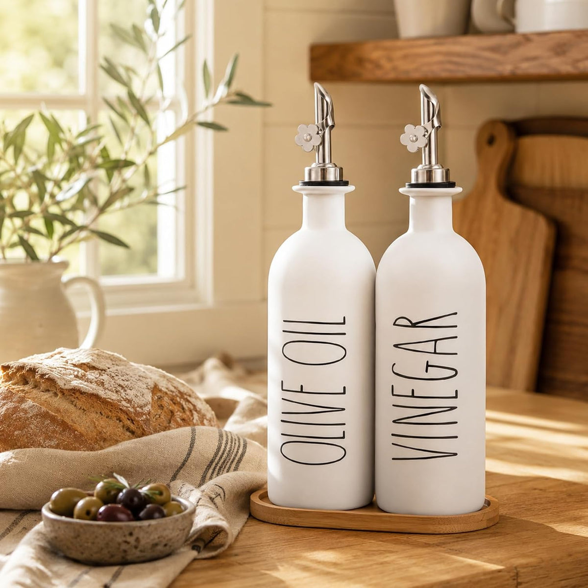 HOMCDALY Premium Olive Oil Dispenser for Kitchen, 11.8oz Glass Oil Bottles with Bamboo Tray, White and Gold Oil&Vinegar Cruet Set, Kitchen Dispenser Bottles with Pourer| Set of 2 (11.8oz –P–Gold)