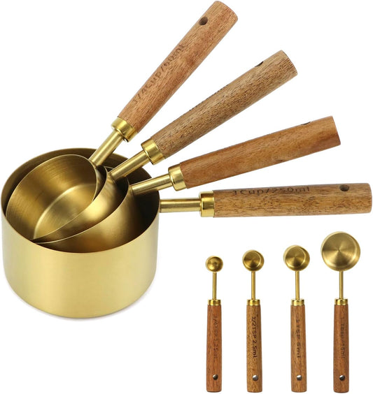 8-Piece Stainless Steel Measuring Cups and Spoons Set - Non-Slip Solid Wood Handles, for Baking, Cooking, Grilling