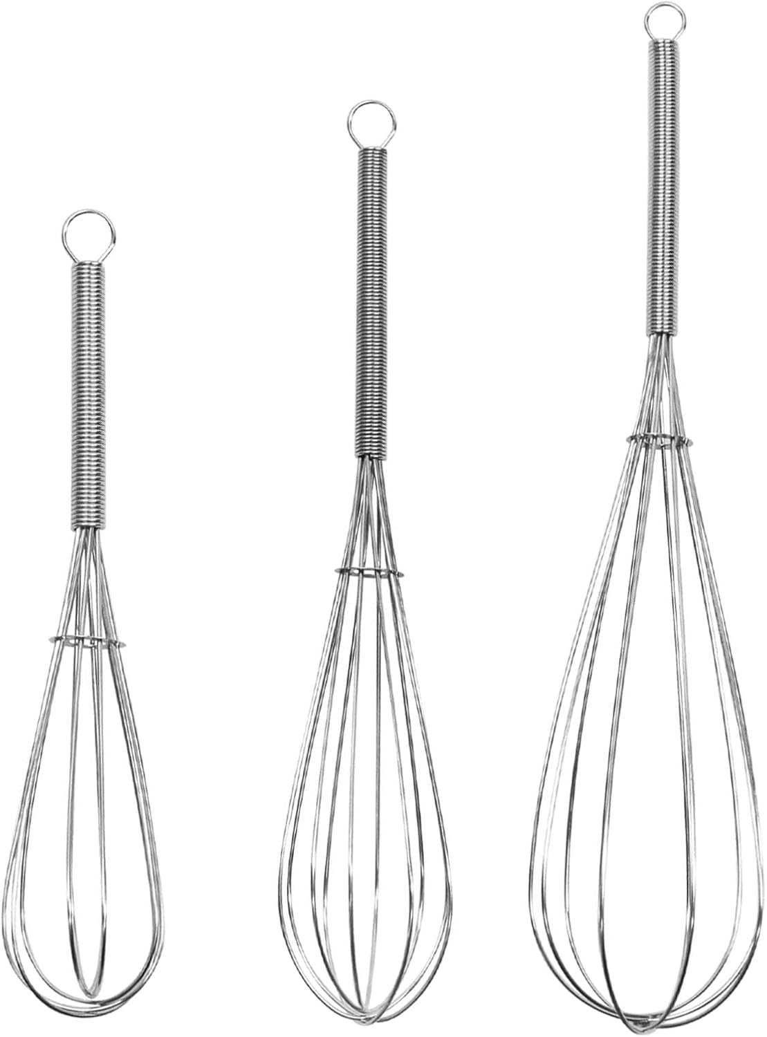 Mini Wire Whisk, 3 Pack - 8, 10 & 12 Inch Small Whisk for Cooking - Ergonomic Spiral Handle, 304 Stainless Steel - Lightweight Mixing Tool for Whisking, Beating & Mixing Sauces - Silver