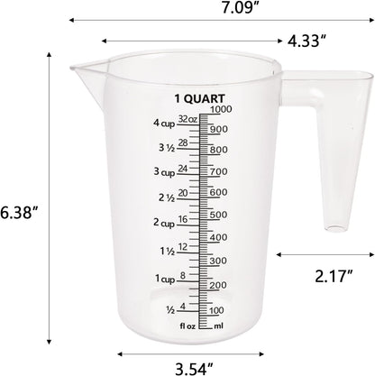 32oz Measuring Pitcher with Permanent Laser-Etched Markings | Food-contact grade PC, 4-cup capacity with handle for brewing, dilution, motor oil, pool & lawn chemicals and kitchen use.