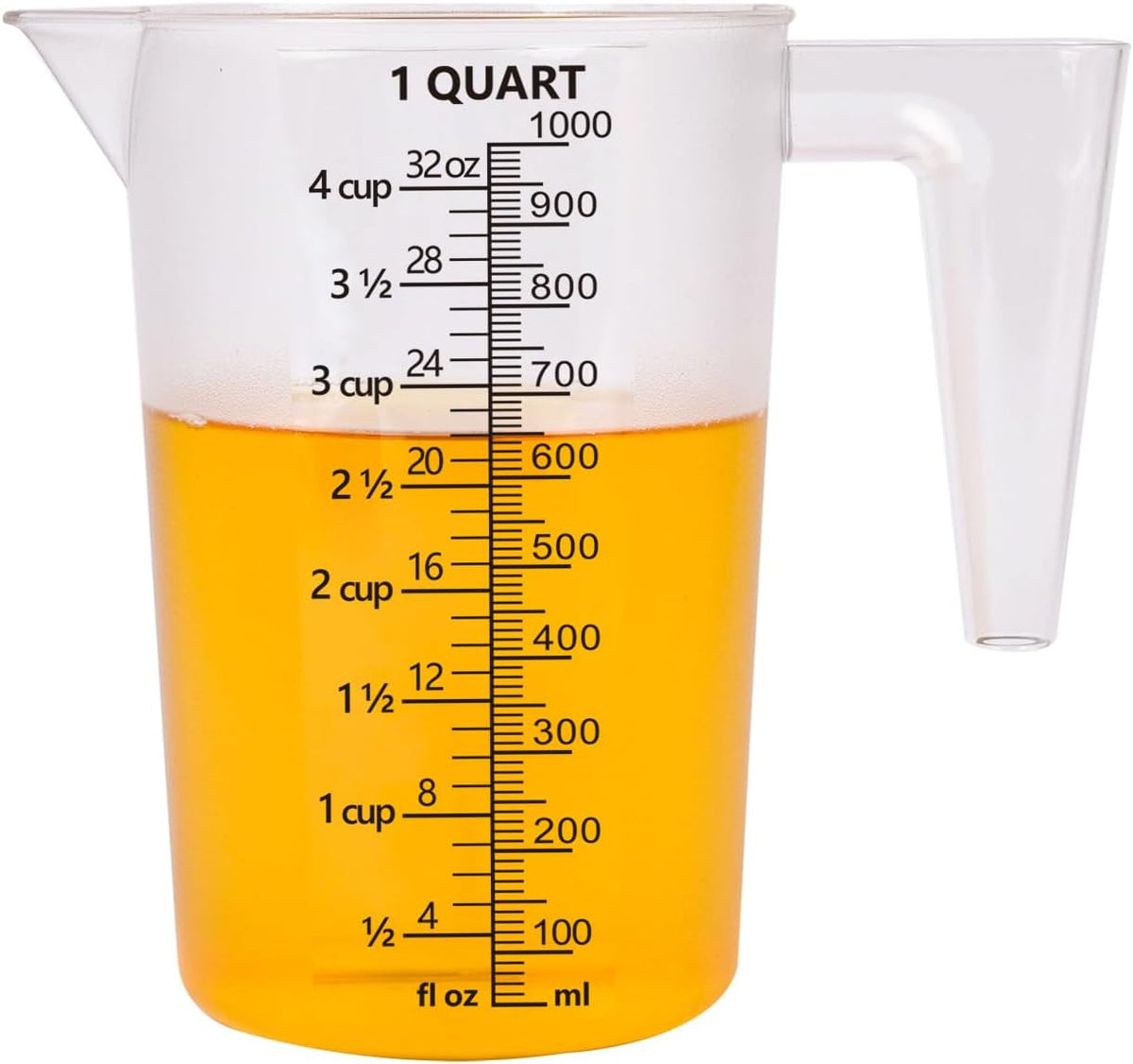 32oz Measuring Pitcher with Permanent Laser-Etched Markings | Food-contact grade PC, 4-cup capacity with handle for brewing, dilution, motor oil, pool & lawn chemicals and kitchen use.