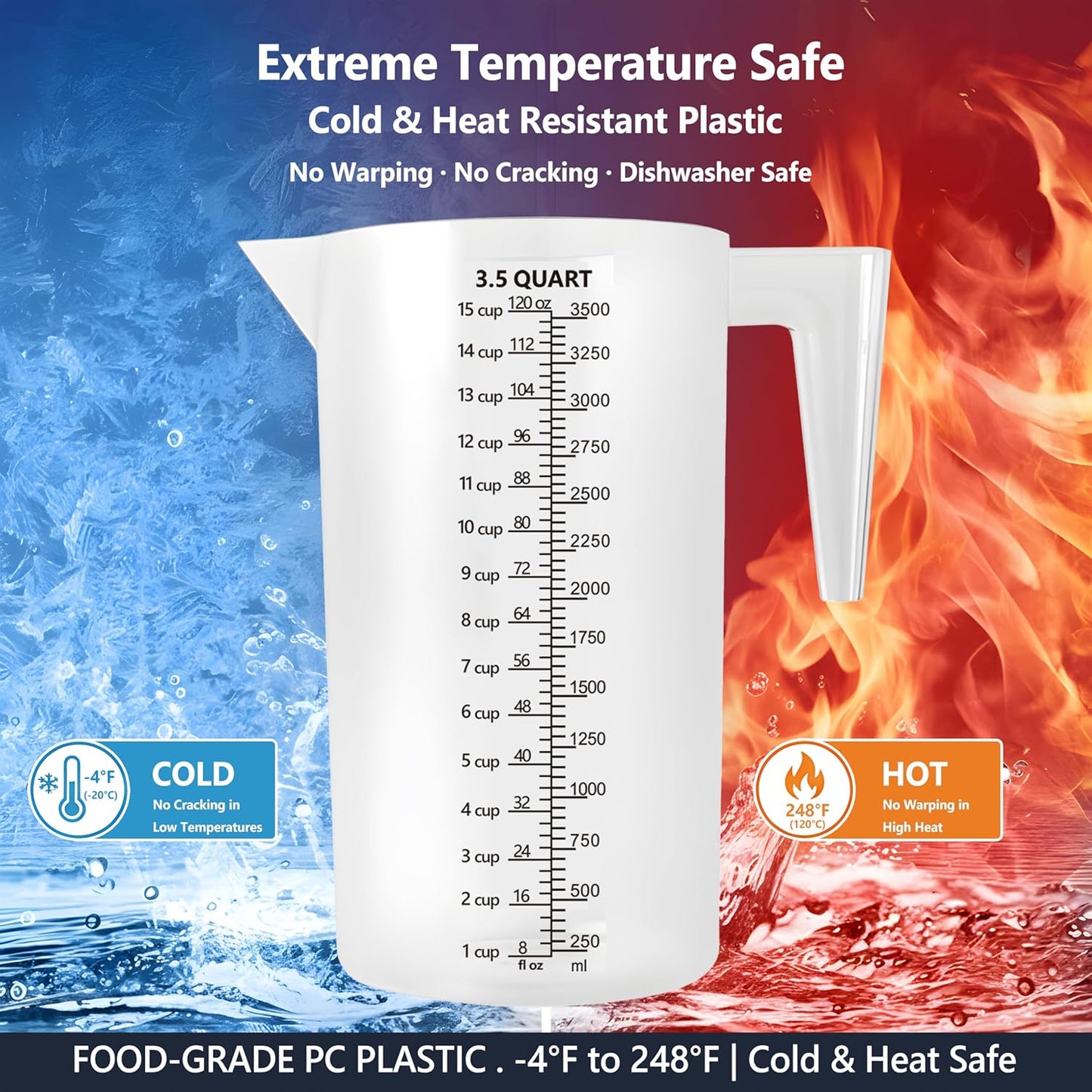 32oz Measuring Pitcher with Permanent Laser-Etched Markings | Food-contact grade PC, 4-cup capacity with handle for brewing, dilution, motor oil, pool & lawn chemicals and kitchen use.