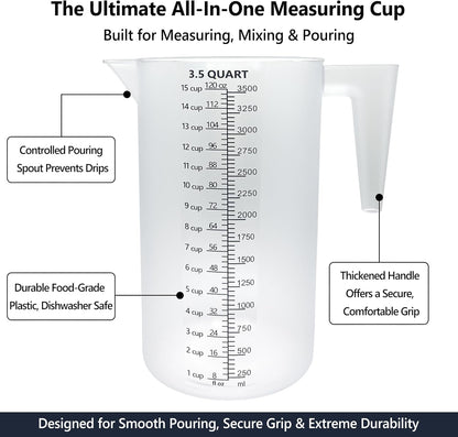 32oz Measuring Pitcher with Permanent Laser-Etched Markings | Food-contact grade PC, 4-cup capacity with handle for brewing, dilution, motor oil, pool & lawn chemicals and kitchen use.
