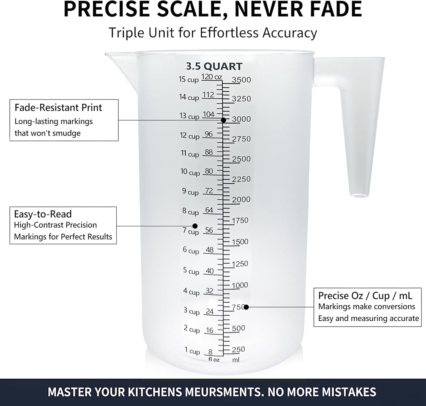 32oz Measuring Pitcher with Permanent Laser-Etched Markings | Food-contact grade PC, 4-cup capacity with handle for brewing, dilution, motor oil, pool & lawn chemicals and kitchen use.