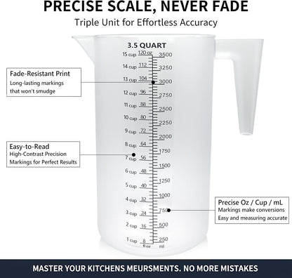 32oz Measuring Pitcher with Permanent Laser-Etched Markings | Food-contact grade PC, 4-cup capacity with handle for brewing, dilution, motor oil, pool & lawn chemicals and kitchen use.