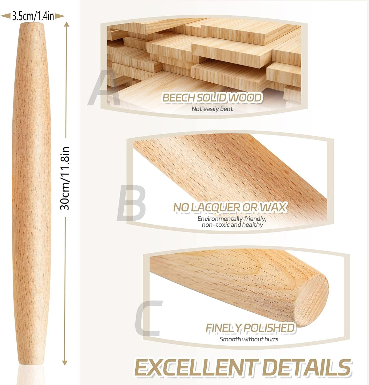 French Rolling Pin for Baking - 7.9 Inches Beech Wood Tapered Rolling Pin Dough Roller for Pizza Dough, Pie Crust Cookie Fondant Dumpling