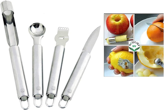 Stainless Steel Kitchen Tools: Zester Grater with Channel Knife, Apple Cupcake Corer, Fruit and Melon Scooper, Fruit & Veggie cutting knife, 4 Pcs Set