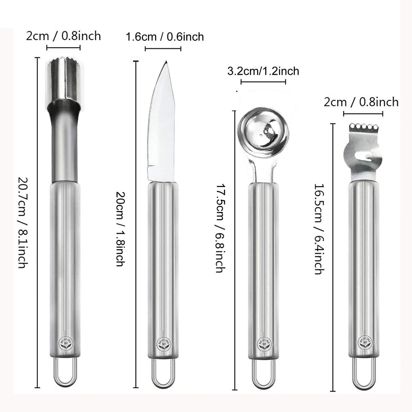 Stainless Steel Kitchen Tools: Zester Grater with Channel Knife, Apple Cupcake Corer, Fruit and Melon Scooper, Fruit & Veggie cutting knife, 4 Pcs Set