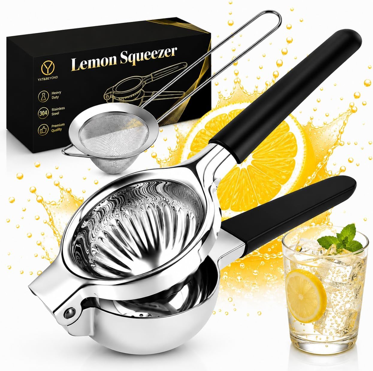 304 Stainless Steel Lemon Squeezer, Manual Lime Squeezer with 13 Filter Holes & Fine Strainer – Heavy Duty Citrus Juicer with Non-Slip Handles, Dishwasher Safe