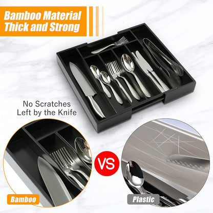Kitchen Silverware Drawer Organizer and Storage Bamboo Wood Cooking Utensil Holder Cutlery Knife Jewelry Spice Rack Spoon Fork Multi Cabinet Organization Bathroom Counter Expandable Adjustable Tray