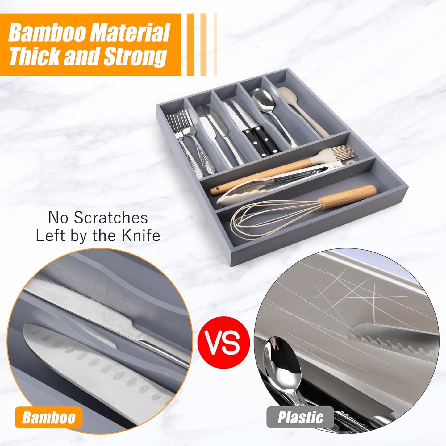 Kitchen Silverware Drawer Organizer and Storage Bamboo Wood Cooking Utensil Holder Cutlery Knife Jewelry Spice Rack Spoon Fork Multi Cabinet Organization Bathroom Counter Expandable Adjustable Tray