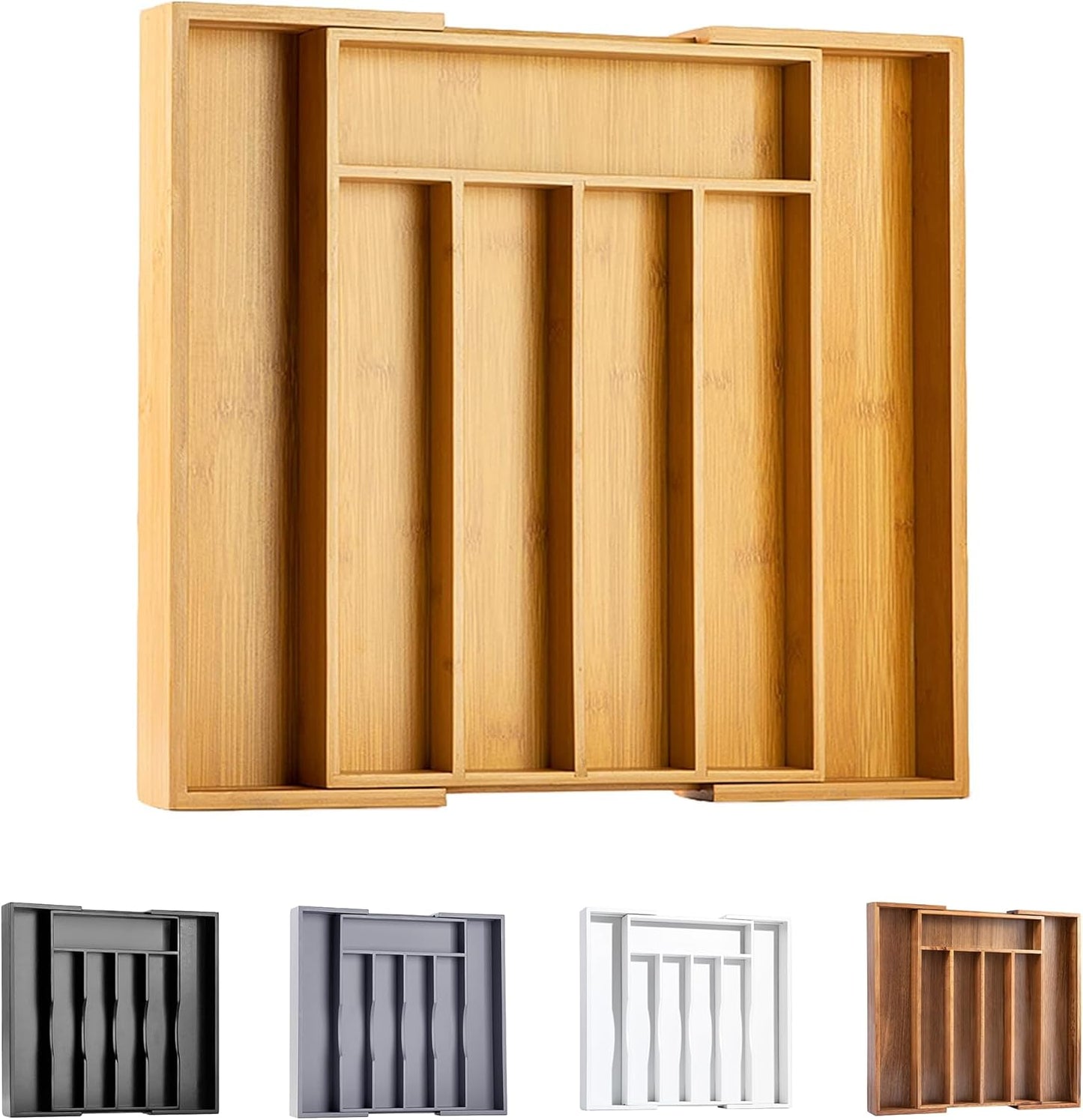 Kitchen Silverware Drawer Organizer and Storage Bamboo Wood Cooking Utensil Holder Cutlery Knife Jewelry Spice Rack Spoon Fork Multi Cabinet Organization Bathroom Counter Expandable Adjustable Tray