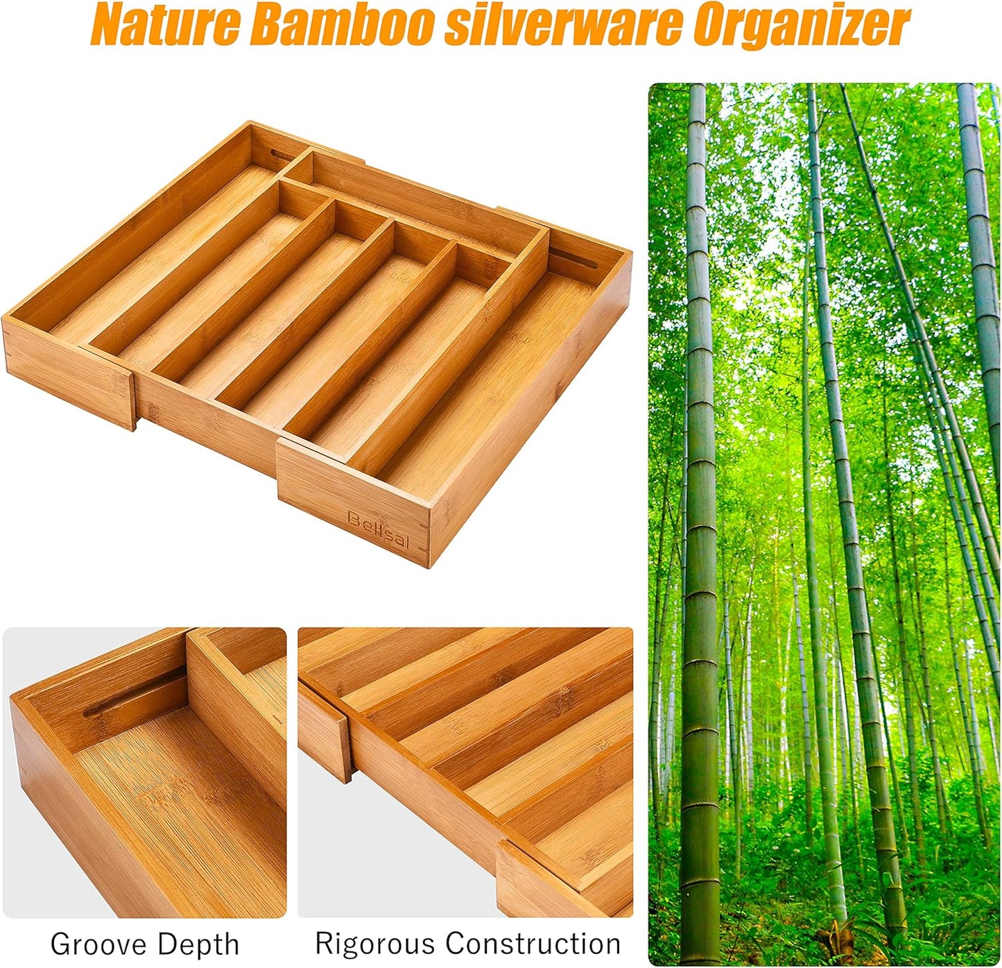 Kitchen Silverware Drawer Organizer and Storage Bamboo Wood Cooking Utensil Holder Cutlery Knife Jewelry Spice Rack Spoon Fork Multi Cabinet Organization Bathroom Counter Expandable Adjustable Tray