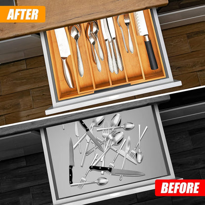 Kitchen Silverware Drawer Organizer and Storage Bamboo Wood Cooking Utensil Holder Cutlery Knife Jewelry Spice Rack Spoon Fork Multi Cabinet Organization Bathroom Counter Expandable Adjustable Tray