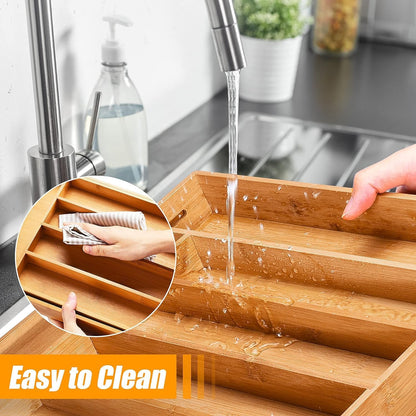 Kitchen Silverware Drawer Organizer and Storage Bamboo Wood Cooking Utensil Holder Cutlery Knife Jewelry Spice Rack Spoon Fork Multi Cabinet Organization Bathroom Counter Expandable Adjustable Tray