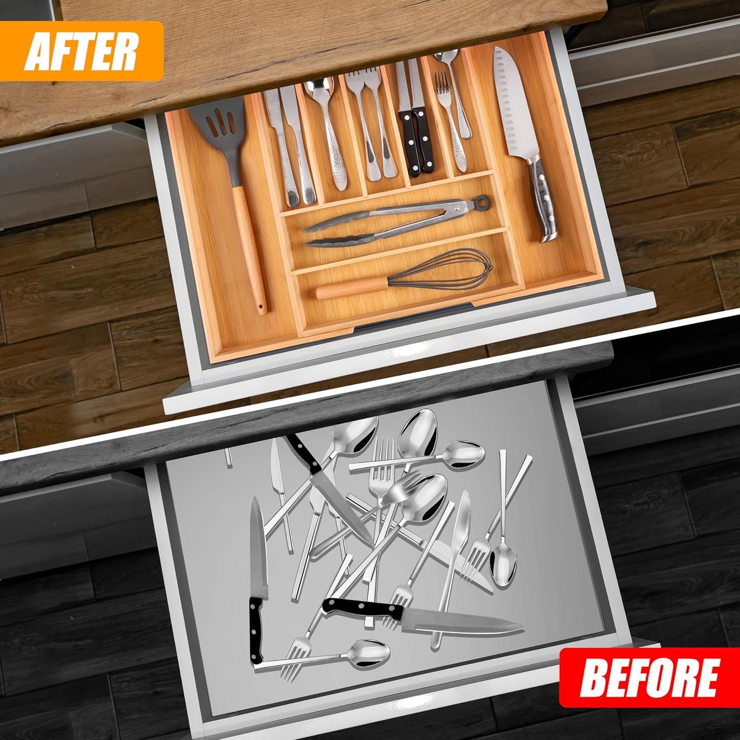Kitchen Silverware Drawer Organizer and Storage Bamboo Wood Cooking Utensil Holder Cutlery Knife Jewelry Spice Rack Spoon Fork Multi Cabinet Organization Bathroom Counter Expandable Adjustable Tray