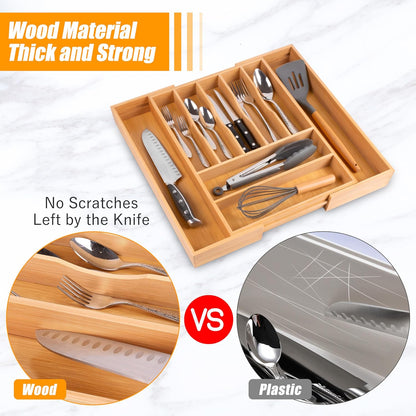 Kitchen Silverware Drawer Organizer and Storage Bamboo Wood Cooking Utensil Holder Cutlery Knife Jewelry Spice Rack Spoon Fork Multi Cabinet Organization Bathroom Counter Expandable Adjustable Tray