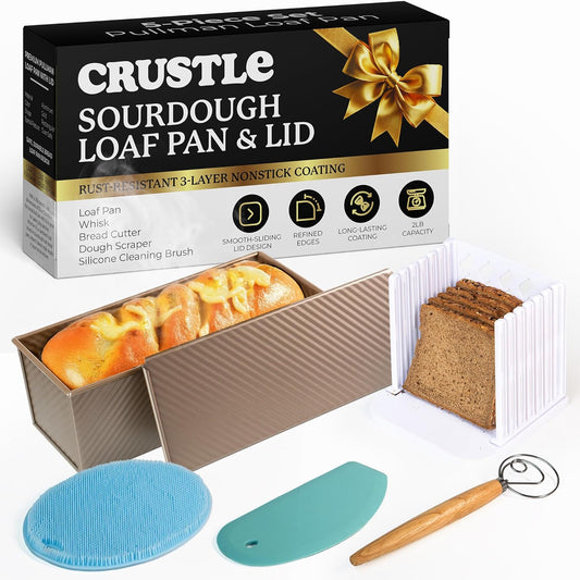5-Pack Pullman loaf pan with Lid – Sourdough Loaf Pan Set, Includes Dough Scraper, Whisk, Silicone Cleaning Brush & Bread Cutter – Long Loaf Pan with Lid for Homemade Loaf