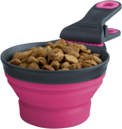 Popware for Pets Collapsible Klip Scoop, 3-in-1 Pet Food Scoop, Measuring Cup and Bag Clip, 1/2 Cup Capacity, Pink
