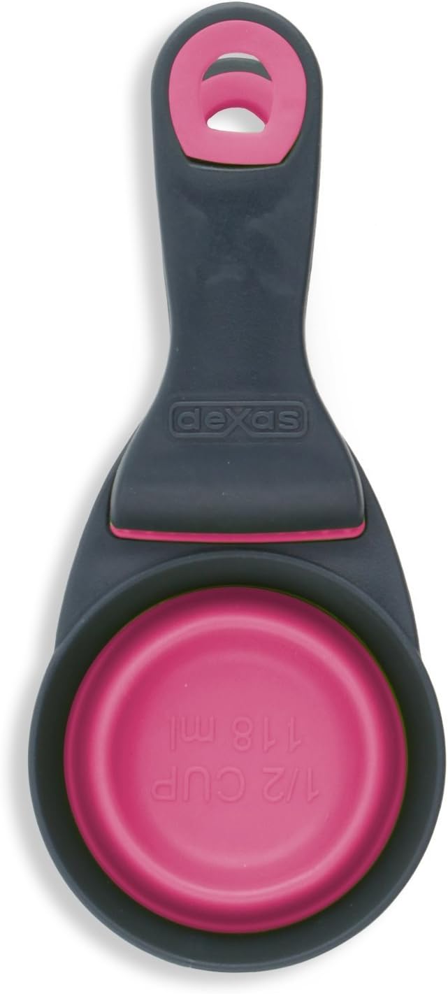 Popware for Pets Collapsible Klip Scoop, 3-in-1 Pet Food Scoop, Measuring Cup and Bag Clip, 1/2 Cup Capacity, Pink